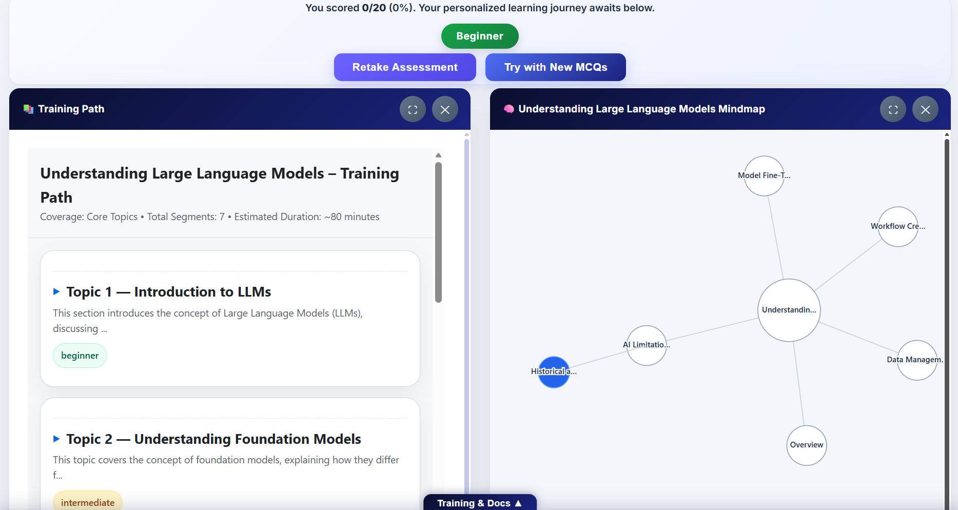 CogniPath learning page with videos and mind-map navigation
